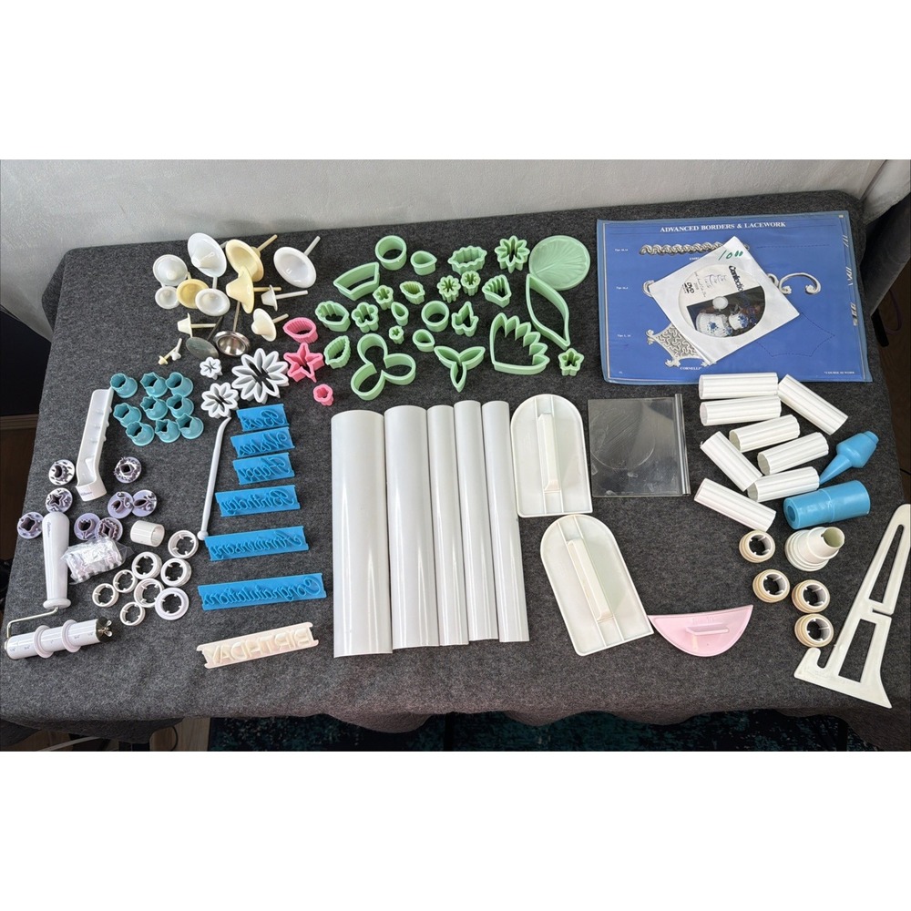 Cake Decorating Tool Lot Fondant Cutters Rollers Molds Lacework DVD Set